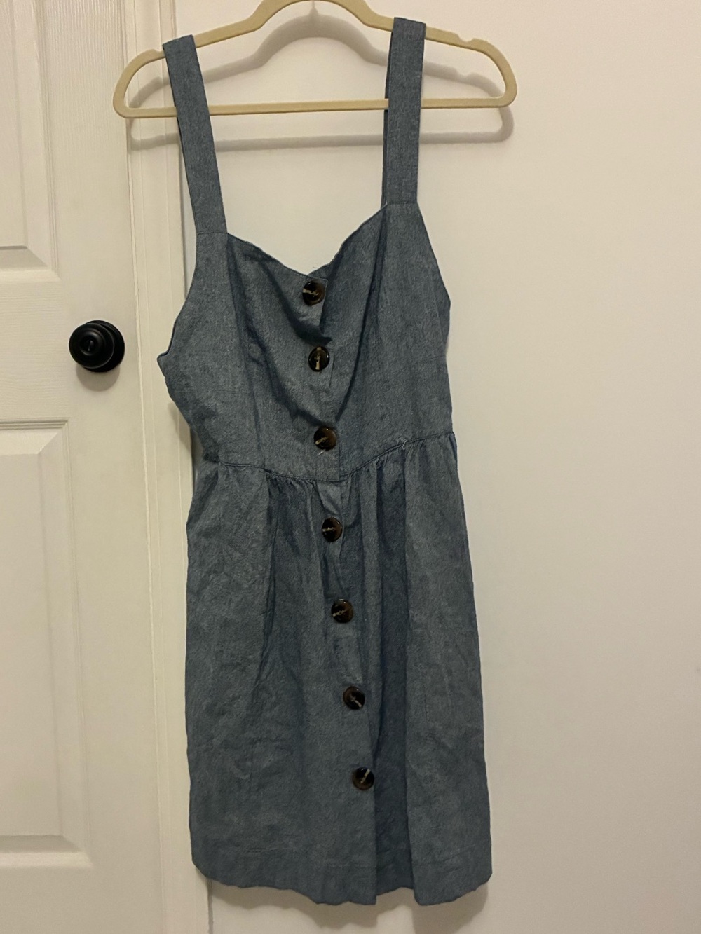 Button-Front Blue Linen Texture Sundress with Wide Straps - Picture 1 of 3